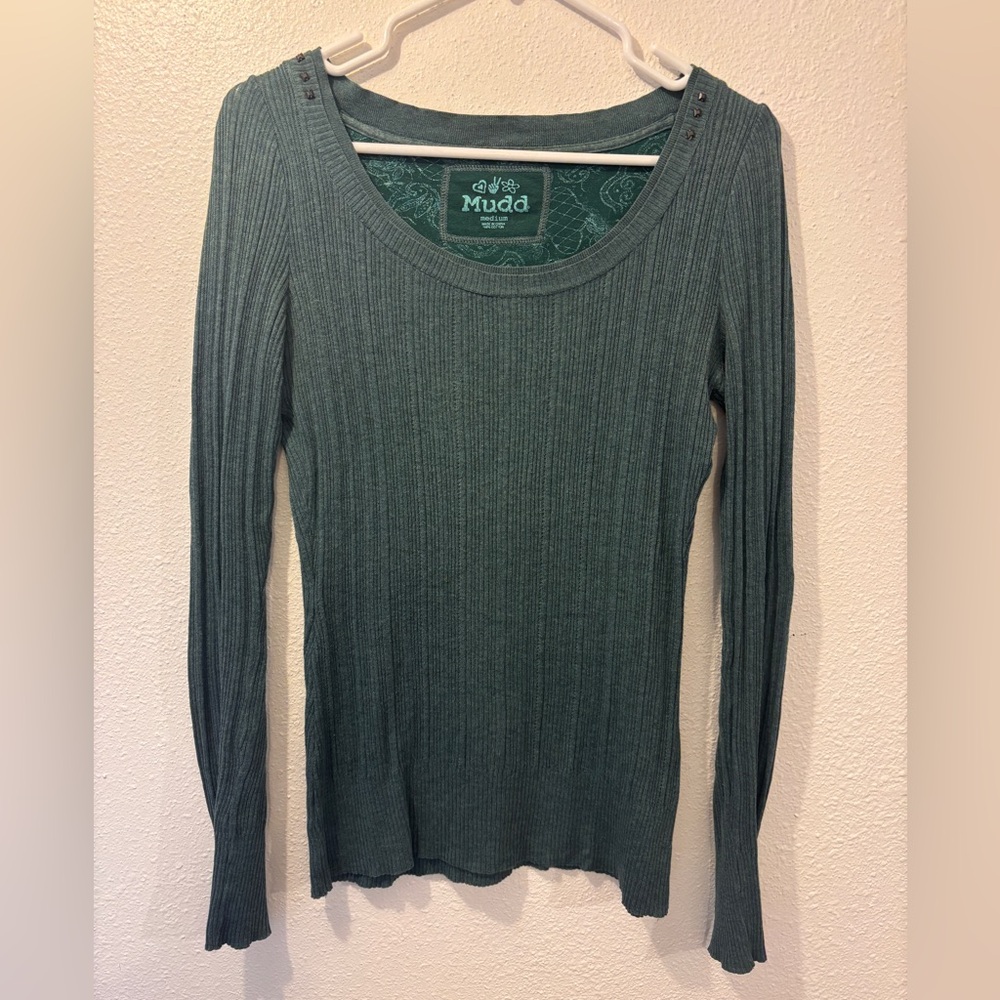 Green Ribbed Long Sleeve Top